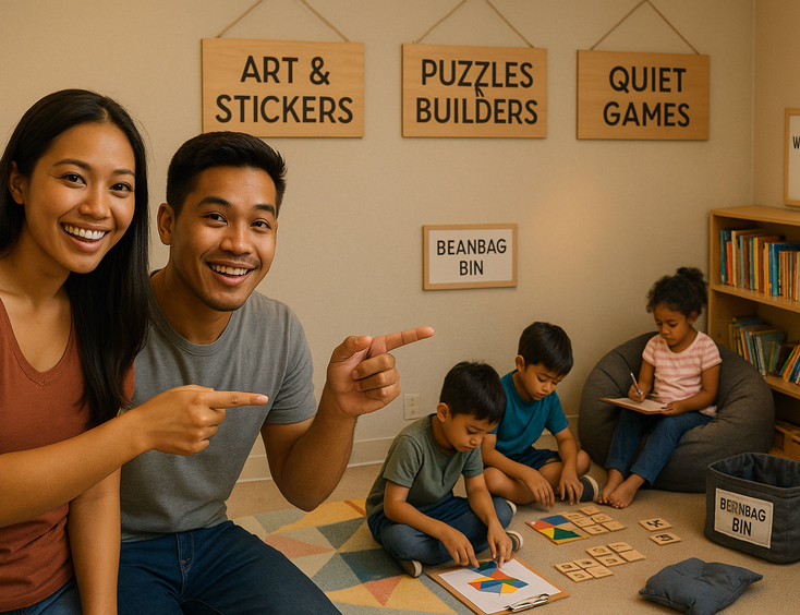Couple presents kid corner zones for coloring puzzles quiet games and a story nook