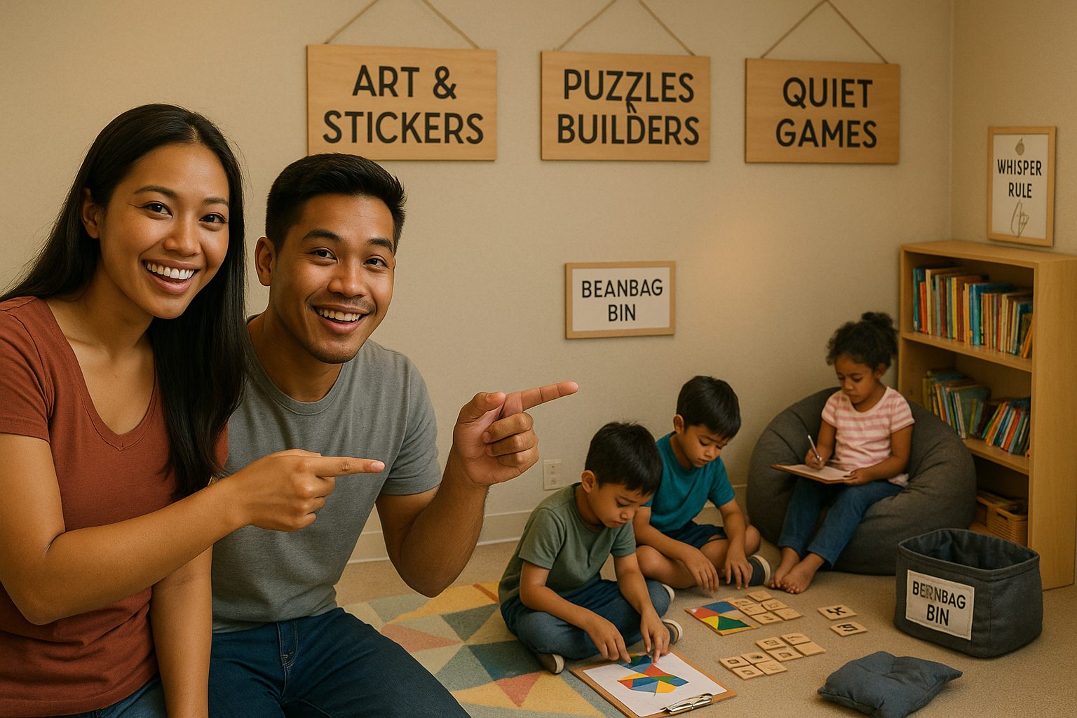 Couple presents kid corner zones for coloring puzzles quiet games and a story nook