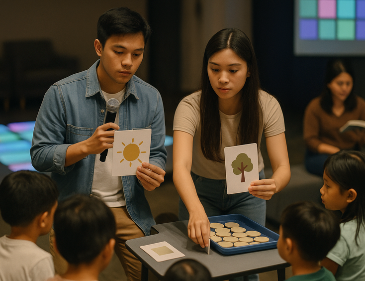 Couple runs a short memory match and storytime while the dance floor is reset