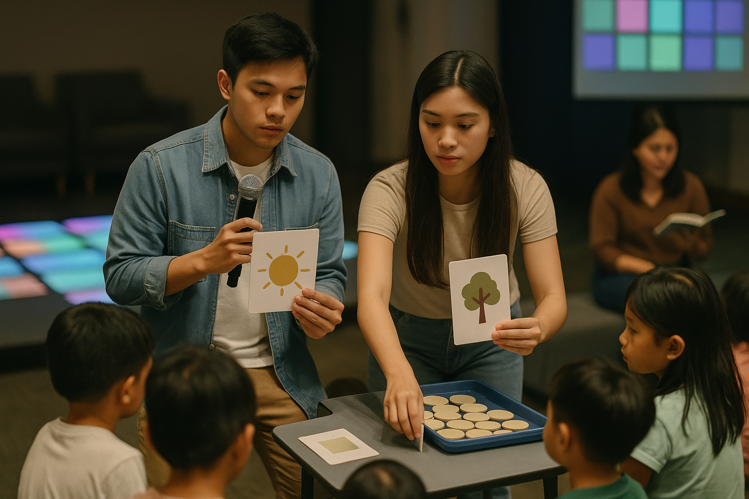 Couple runs a short memory match and storytime while the dance floor is reset