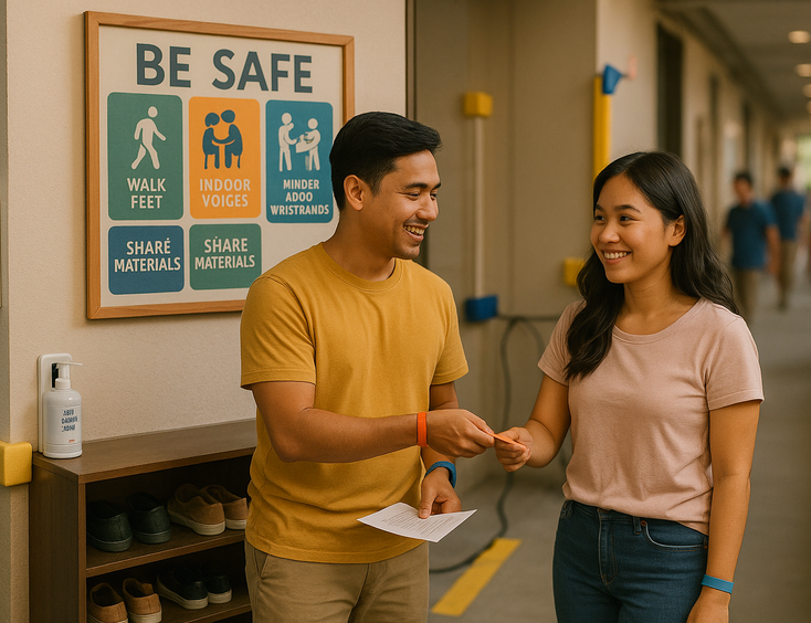 Couple reviews walk feet indoor voices and sharing rules at a safe kid corner setup