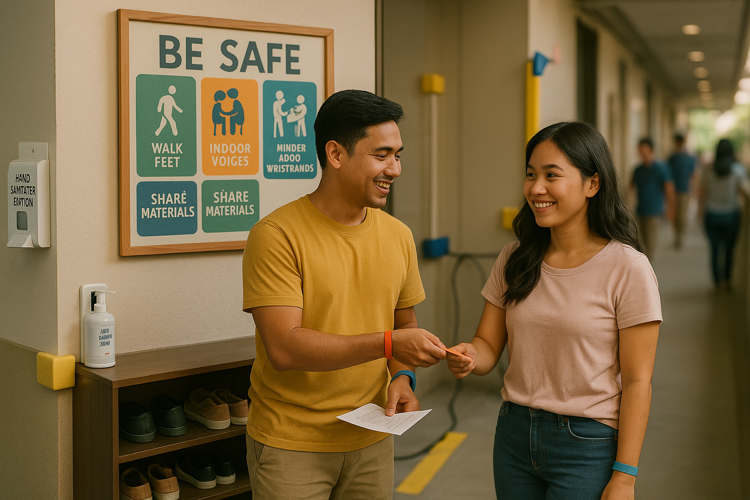 Couple reviews walk feet indoor voices and sharing rules at a safe kid corner setup