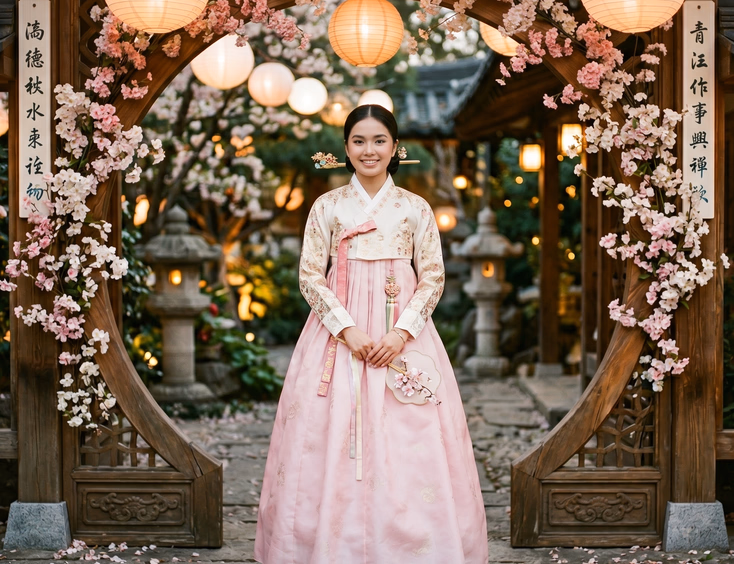 A Filipino debutante in a pastel pink hanbok with a traditional Korean binyeo hairpin stands by a cherry blossom moon gate and paper lanterns.