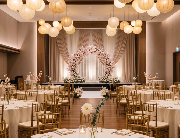 An empty modern ballroom decorated for a Korean-inspired Filipino debut with a cherry blossom moon gate arch and hanging paper lanterns.