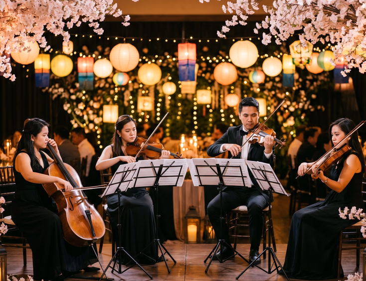 Filipino string quartet performs on a stage decorated with cherry blossoms and paper lanterns during an intimate Korean-themed debutante celebration.