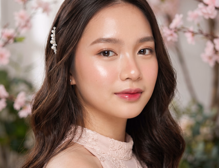 Close-up portrait of a Filipino debutante with dewy glass-skin makeup, aegyo-sal eyes, and K-drama inspired waves against blurred cherry blossoms.