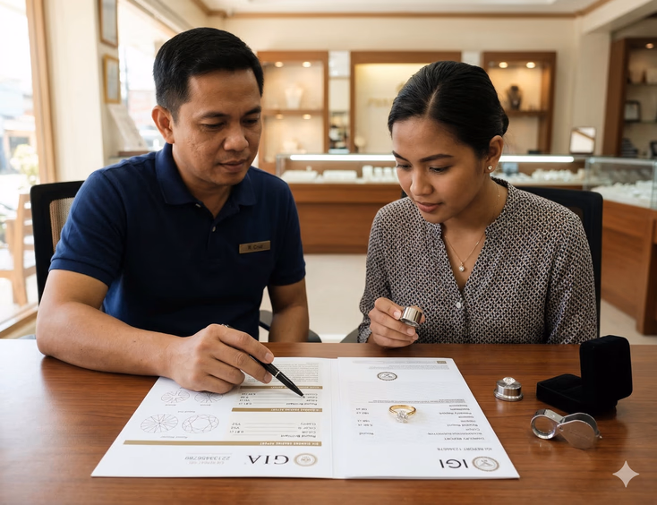 A Filipino male jeweler points to a line on a GIA grading certificate with a pen as a Filipino woman in her late 20s leans forward across a wooden consultation desk to read it. Two diamond grading certificates — one GIA and one IGI — lie flat side by side, with a round-cut diamond ring resting on the IGI certificate. A magnifying loupe, a ring box, and a loose diamond in a small gem holder are arranged beside the documents.