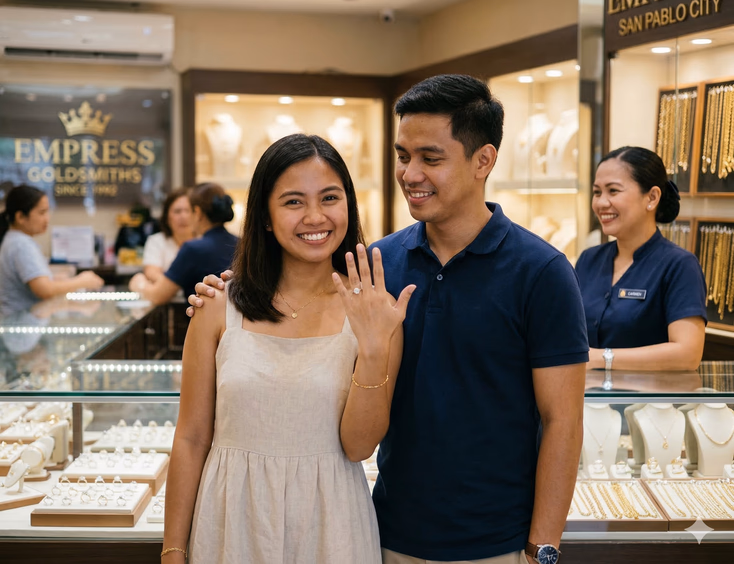 A Filipino couple in their late 20s stands together inside a well-lit Philippine jewelry store, both smiling with quiet confidence. The woman extends her left hand toward the camera displaying a round-cut lab-grown diamond solitaire ring in an 18K gold setting as her partner rests a hand on her shoulder, looking at the ring with a satisfied expression. A Filipino female jeweler smiles from behind the glass display counter in the background.
