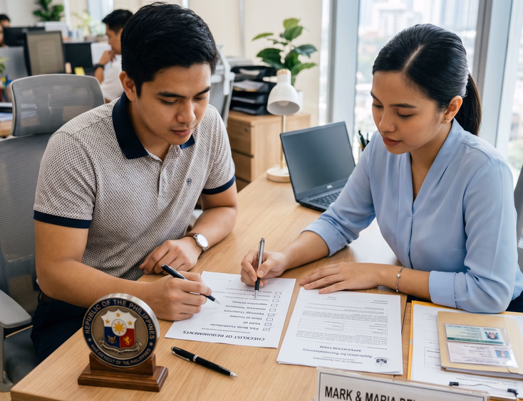 A young Filipino couple with focused expressions reviews a formal legal document and checklist at a desk in a bright, professional setting.