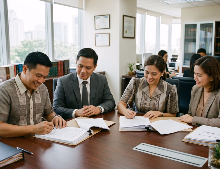 A Filipino couple sits with their respective lawyers in a bright office, confidently signing two sets of documents in a fair atmosphere.