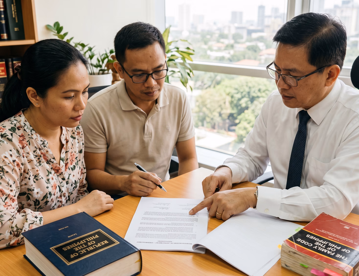 A Filipino couple and their lawyer carefully review a legal document on a desk next to a Philippine Family Code law book in a bright office.