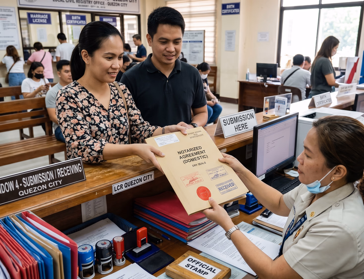 A Filipino couple submits their notarized agreement to a government clerk at a Local Civil Registry counter with official stamps and folders visible.