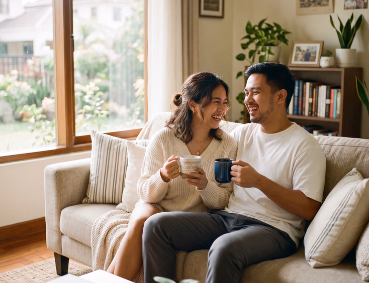 Filipino couple laughing with coffee on cozy living room couch for lifestyle prenup.