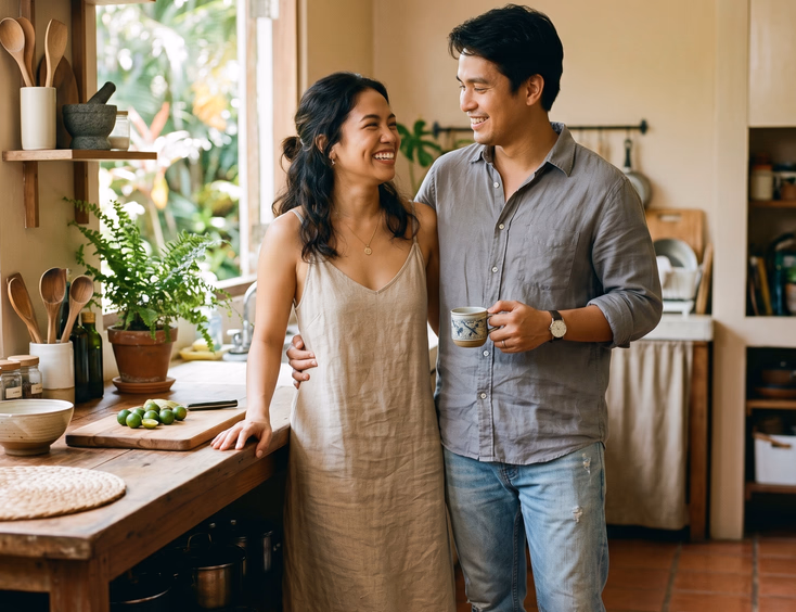 Filipino couple in coordinated neutral outfits standing in sunlit kitchen for prenup.