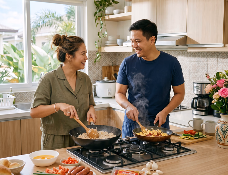 Filipino couple cooking breakfast in a styled kitchen during intimate at-home prenup.