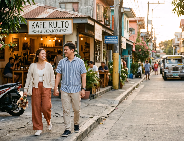 Filipino couple walking hand in hand through a neighborhood street in the Philippines for prenup.