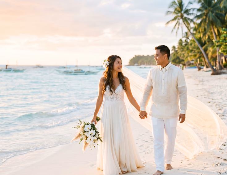 Filipino bride and groom walking hand in hand on a white sand beach in Boracay during golden hour with a backlit veil and pastel sky
