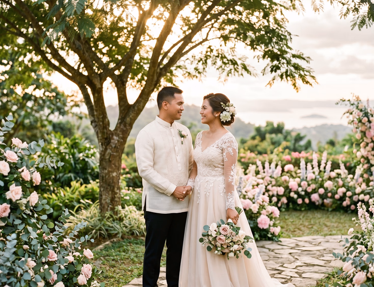 Filipino bride and groom sharing a quiet moment under a mature acacia tree at a Tagaytay garden estate surrounded by blush roses and sage eucalyptus