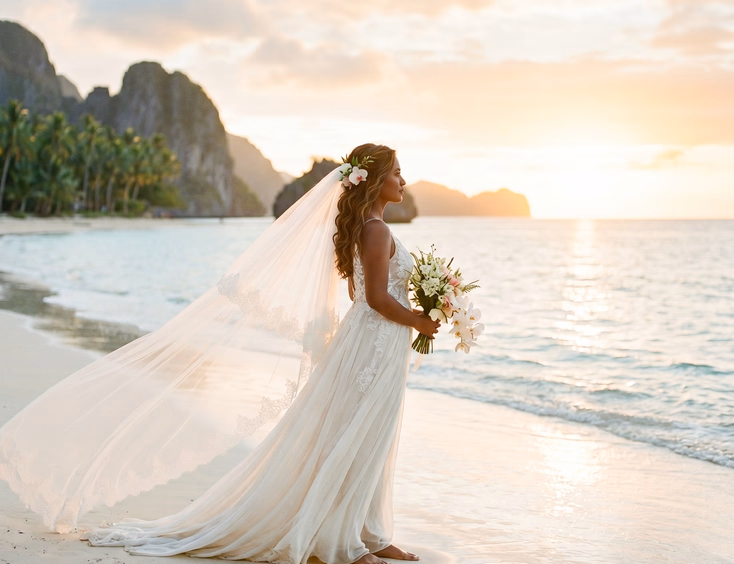 Filipino bride in an ivory chiffon gown and cathedral veil standing alone on a Palawan beach at golden hour facing the horizon at sunset