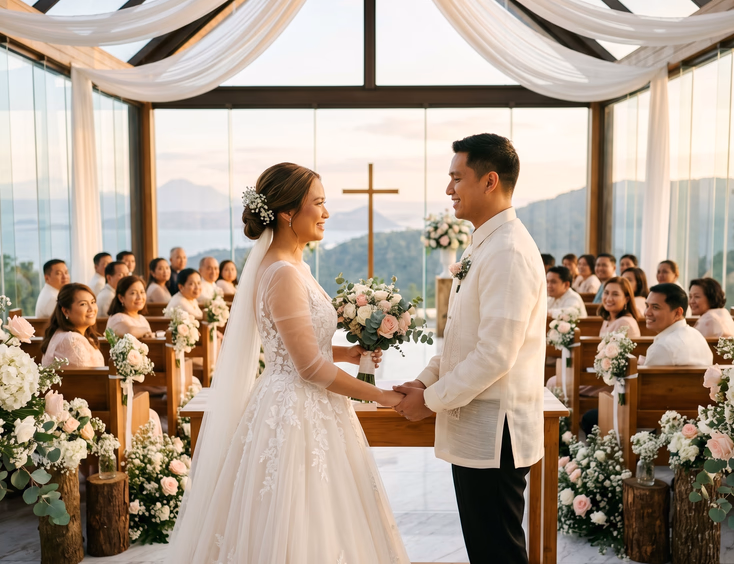 Filipino couple holding hands at the altar of a glass chapel in Tagaytay surrounded by blush roses white hydrangeas and a mountain view through floor-to-ceiling windows