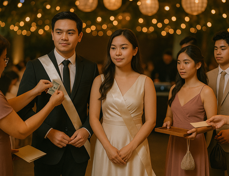 Couple begins the Money Dance as guests line up and the DJ prepares a soft crossfade