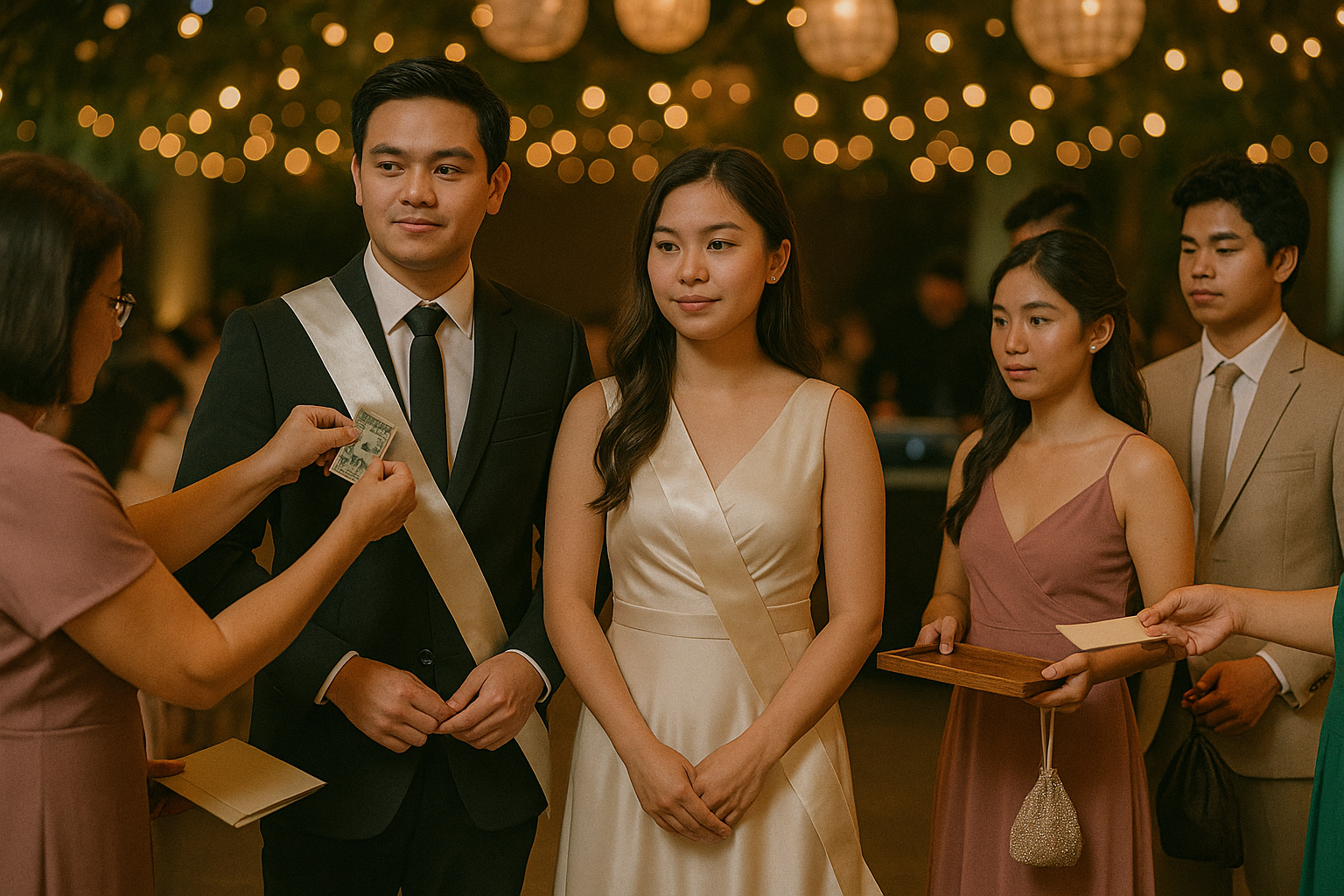 Couple begins the Money Dance as guests line up and the DJ prepares a soft crossfade