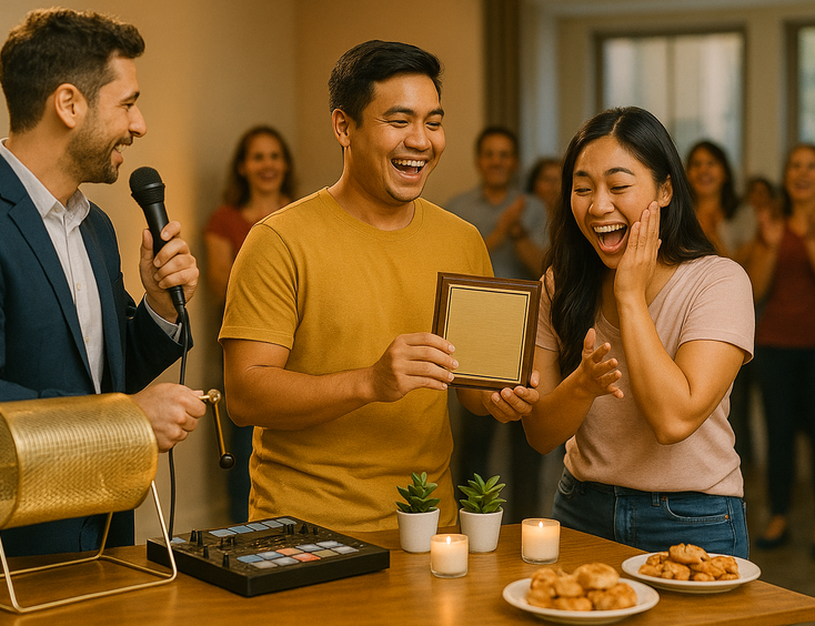 Couple and emcee draw raffle winners while the DJ triggers chimes and a happy guest celebrates