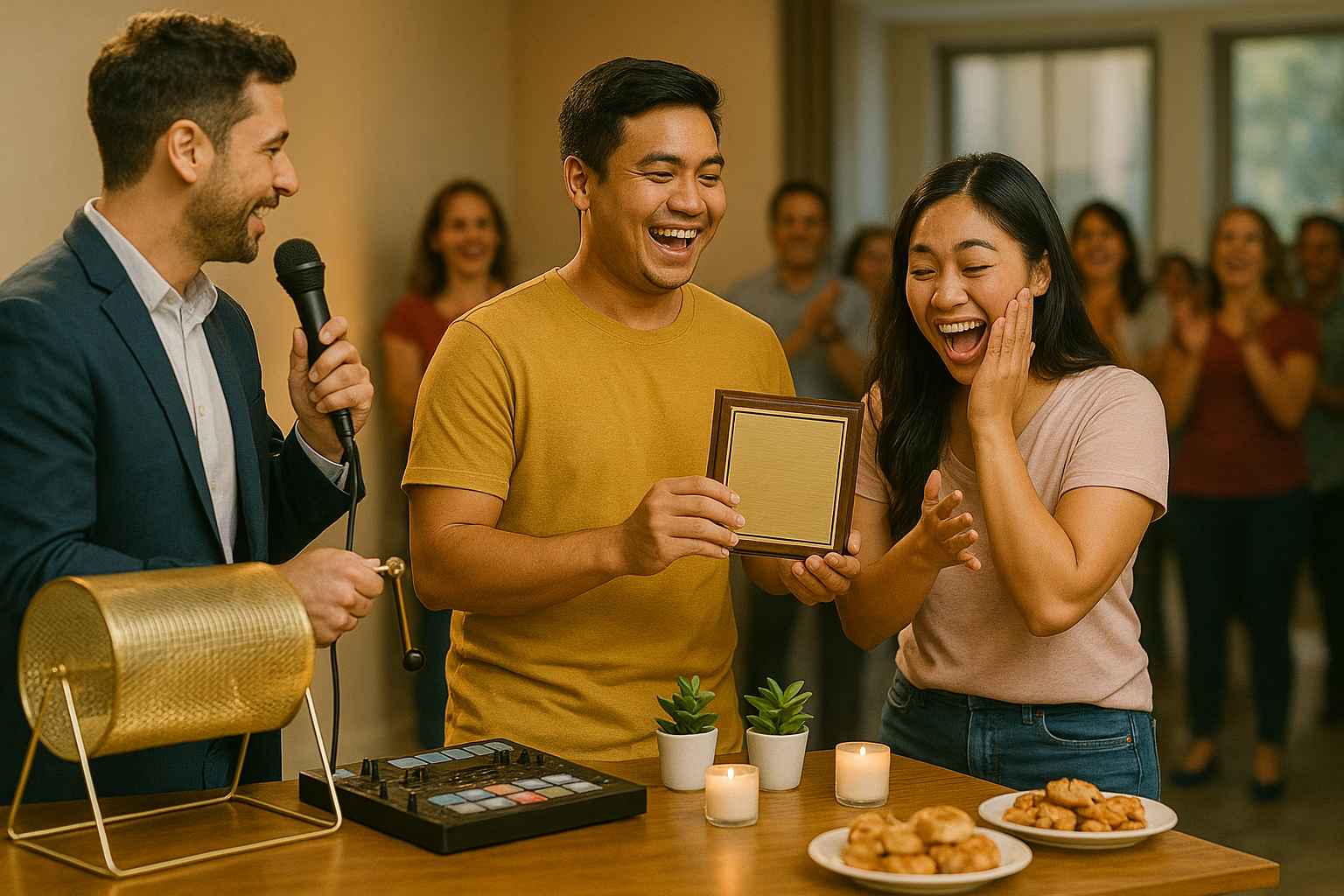 Couple and emcee draw raffle winners while the DJ triggers chimes and a happy guest celebrates