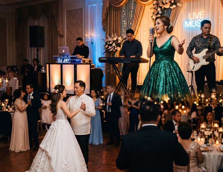Filipino live band performing at a debut reception as a Filipina debutante in a ball gown dances with her father under warm lights.
