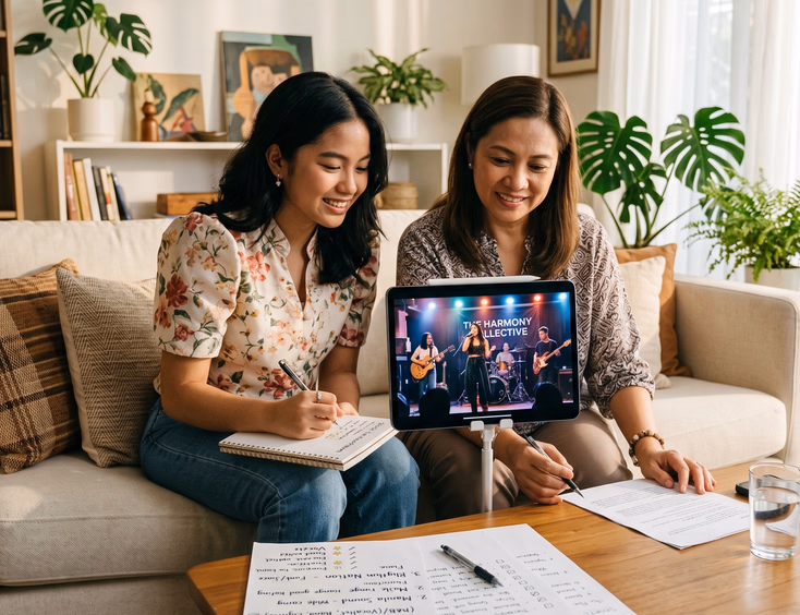 A Filipina debutante and her mother shortlist music suppliers and watch a live band performance on a tablet in a modern living room.