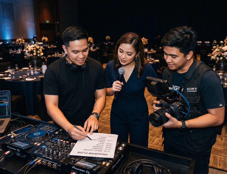 A Filipino DJ, host, and videographer review the debut program flow behind the scenes near empty ballroom tables and floral decor.