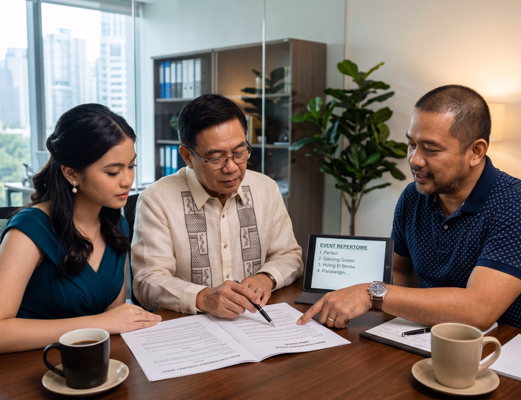Filipina debutante and her father review a music performance contract with a Filipino band leader during a professional consultation.