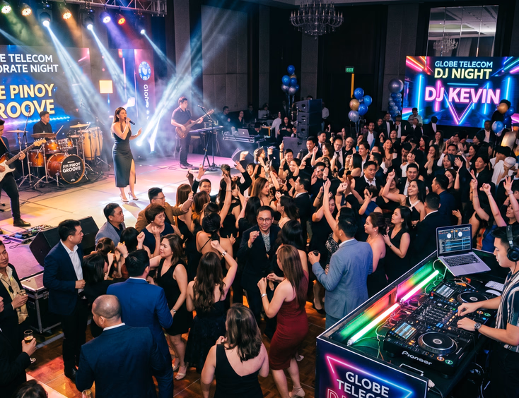 Filipino live band and DJ performing at a high-energy corporate party, guests on a packed dance floor under vibrant lights.
