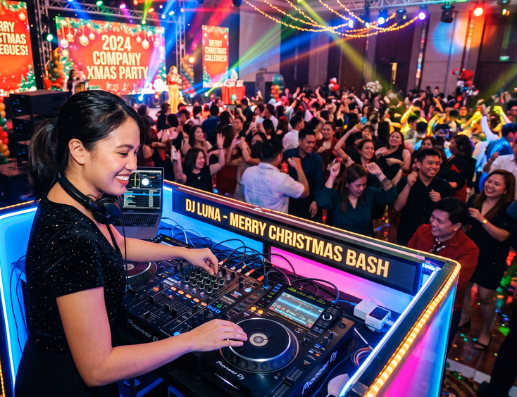A Filipino DJ mixing music at a lively corporate Christmas party with colleagues dancing on a full dance floor under colorful lights.
