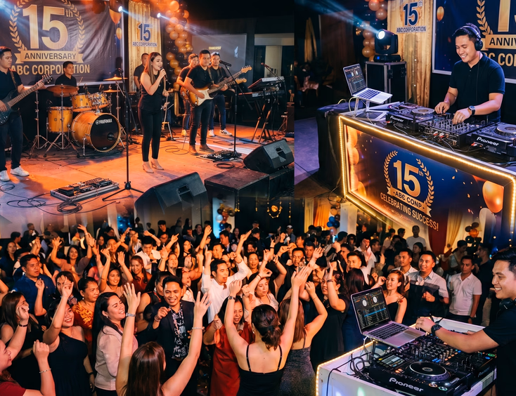 Filipino live band finishes set on stage as a DJ takes over at a booth during a company anniversary party, with guests dancing.