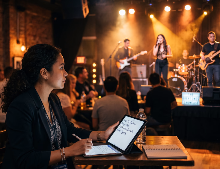 A Filipino events planner watches a live band showcase performance, taking notes on a tablet to evaluate potential event entertainment.