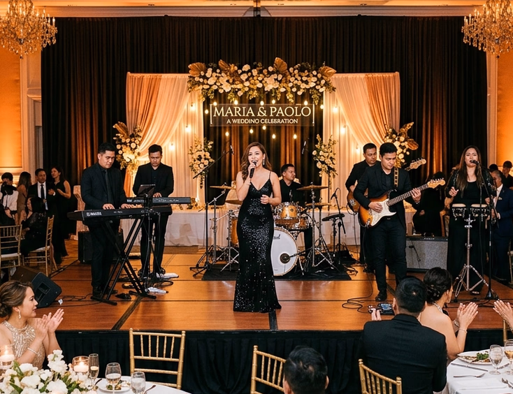 Filipino six-piece wedding band performing on a hotel ballroom stage with a female vocalist in a black evening gown