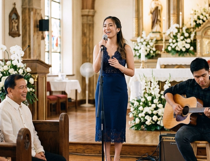 Filipino female vocalist in navy blue dress singing in a Catholic church with an acoustic guitarist beside her and a floral altar in the background