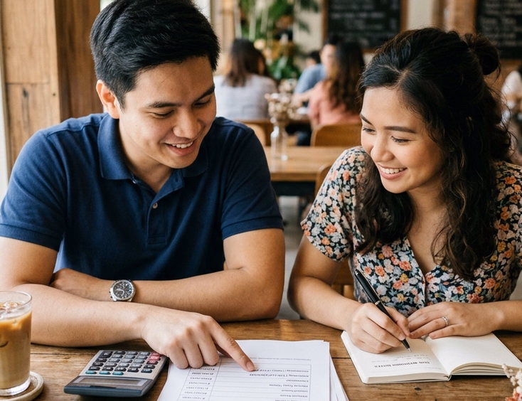 Filipino couple reviewing wedding quotation sheets at a Manila coffee shop table with a calculator and notebook