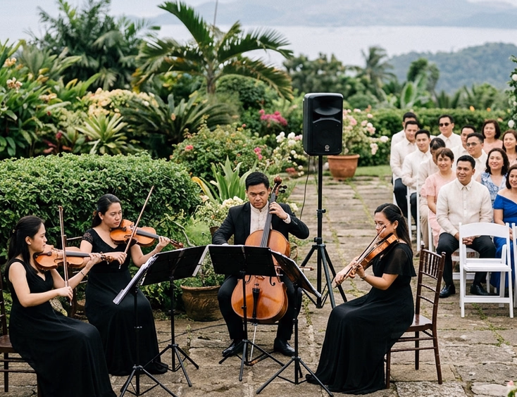 Filipino string quartet performing on a stone patio at a Tagaytay garden wedding venue with guests seated in white folding chairs and misty mountains in the background