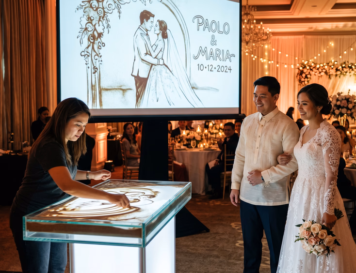 Filipino wedding couple in formal attire standing beside a live sand art performer at a backlit glass table with a romantic scene projected on a ballroom screen