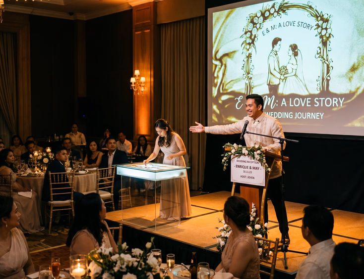 Filipino wedding emcee at podium gesturing toward a live sand art performer as reception guests watch a projected sand illustration in a dimly lit ballroom