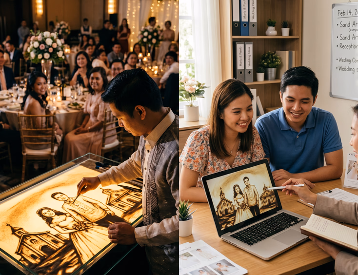 Split scene of a Filipino sand artist performing live at a wedding reception alongside a Filipino couple reviewing a sand art video with their wedding coordinator on a laptop