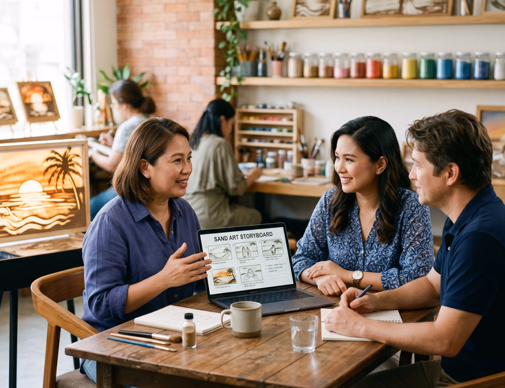 Filipino couple consulting with a sand art performer in a modern studio reviewing storyboard sketches on a laptop beside a backlit sand art demo table