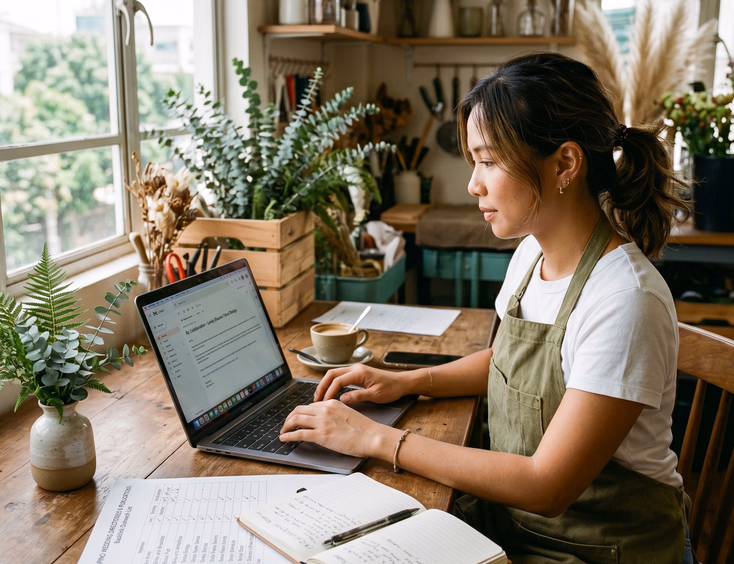 Filipino wedding florist using a laptop to outreach for backlink opportunities in her Pasig studio.