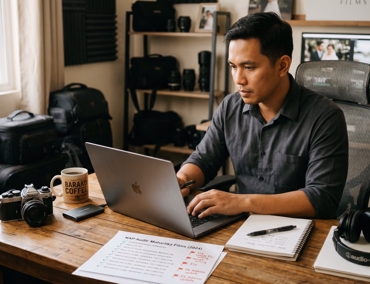 Filipino wedding videographer cross-checking business contact information across multiple online listings in his Marikina studio.