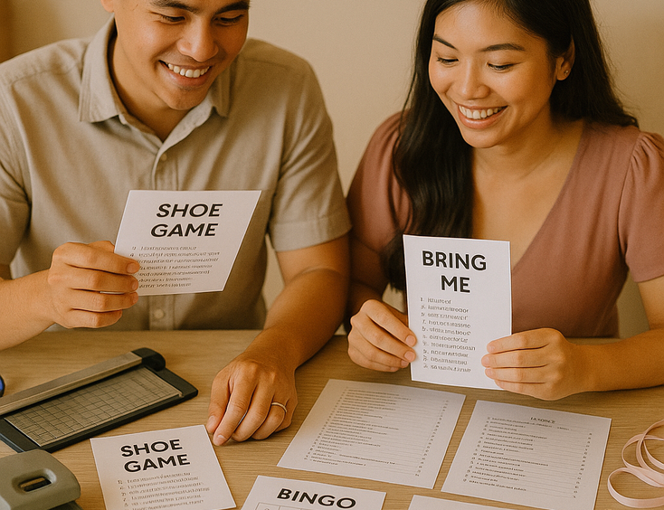 Couple checks neatly printed game cards and DIY materials on a table