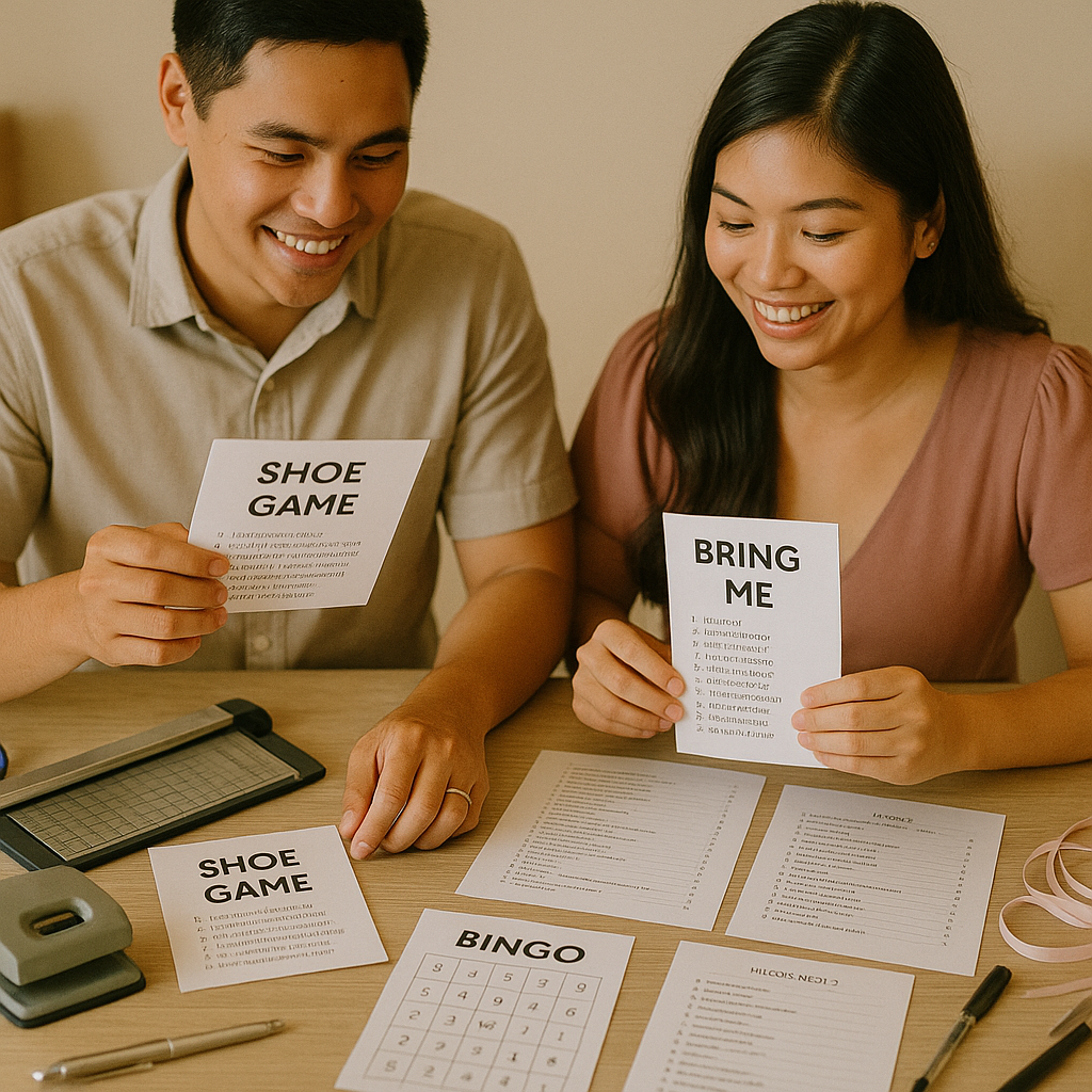 Couple checks neatly printed game cards and DIY materials on a table