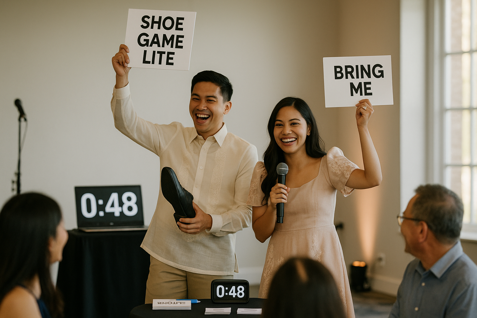 Couple hosts quick game recipes with a visible timer and simple props