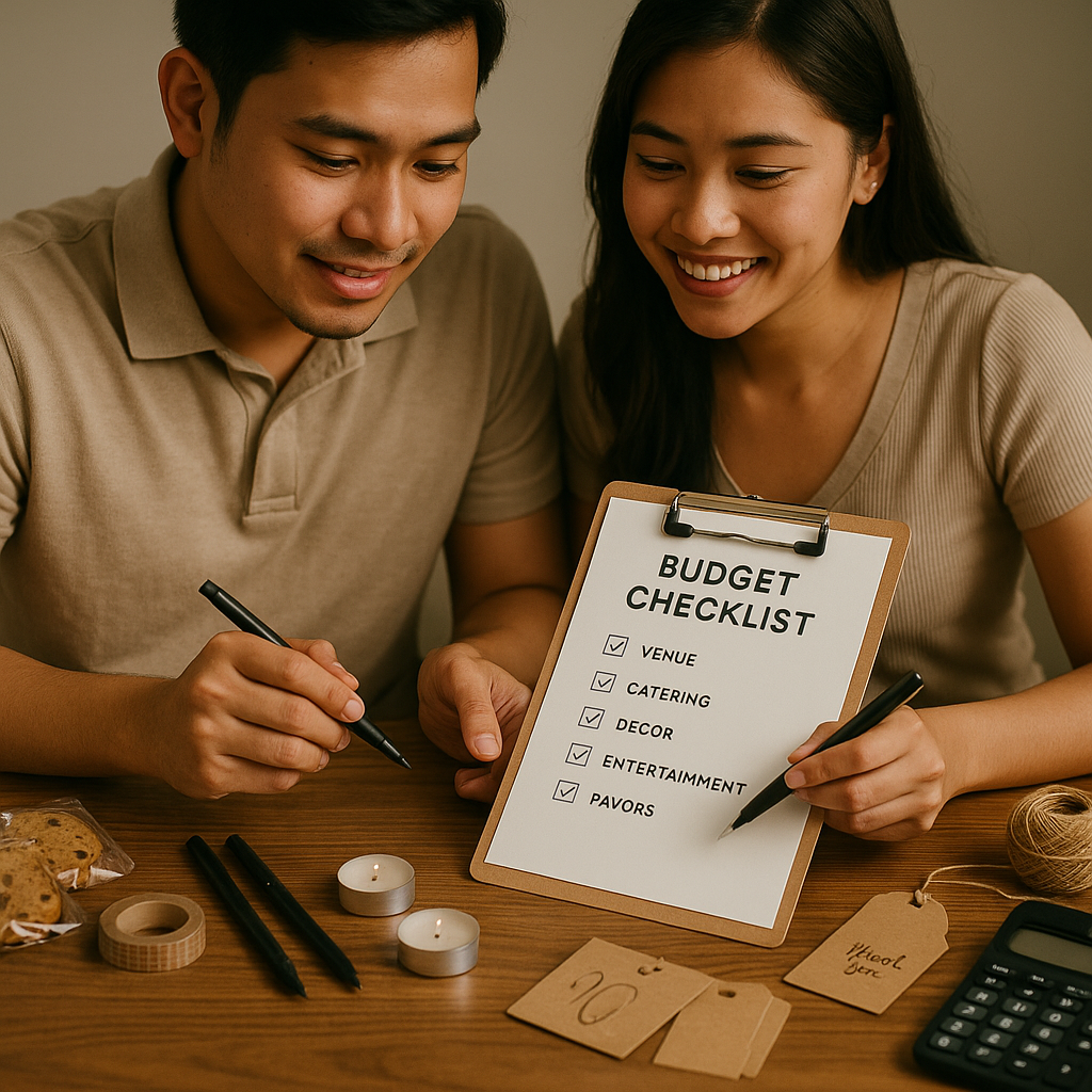 Couple reviews a ₱1,000 budget shopping list with cardstock pens snacks and small candles